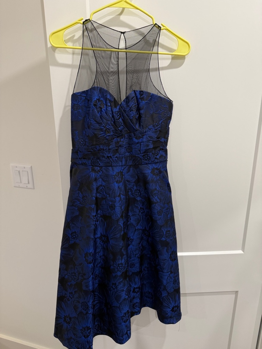 Pamella Roland Blue and Black Floral Mesh Bodice Prom Dress